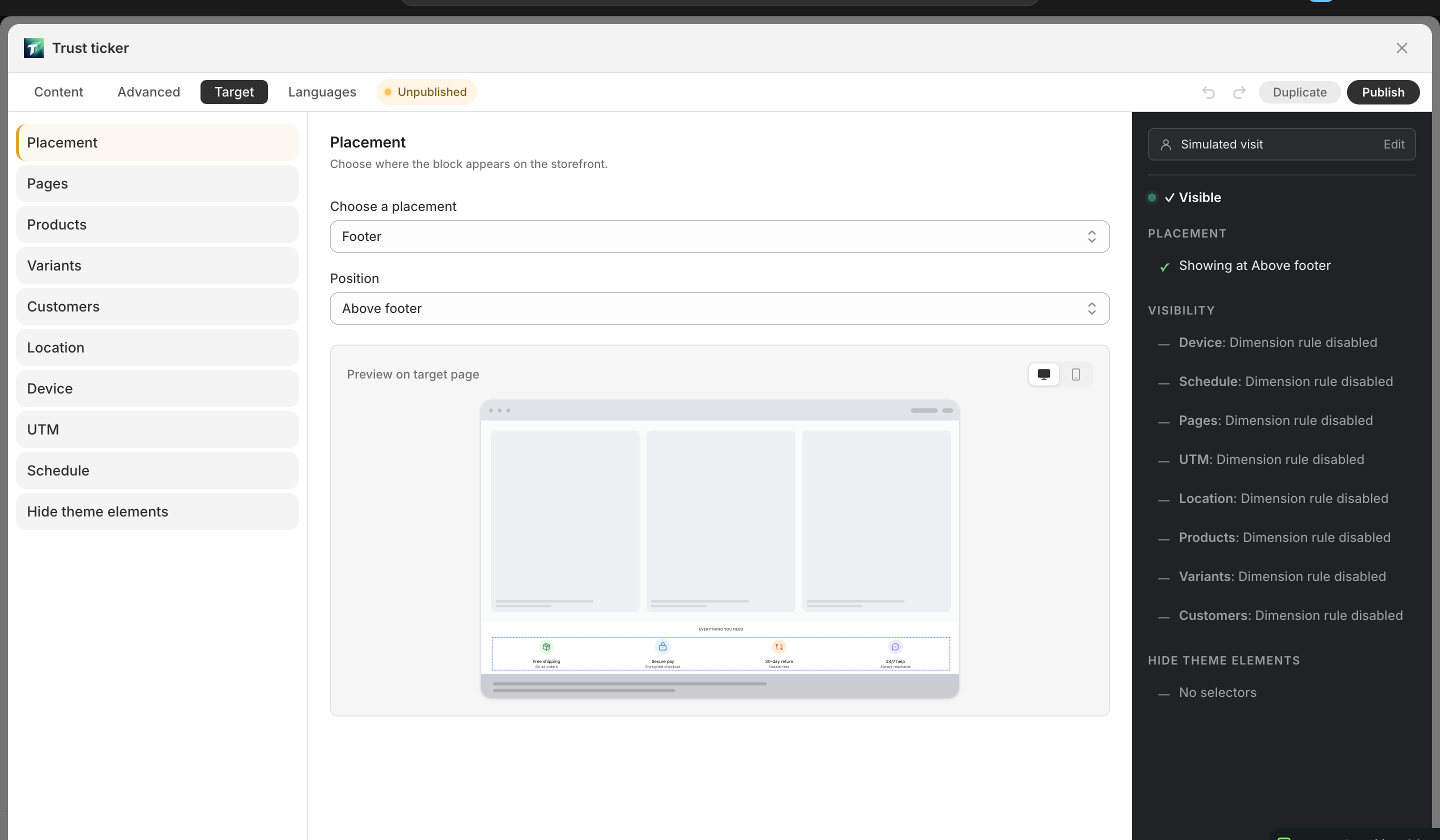 Target tab overall layout with left SubNav, middle detail panel, right Simulator sidebar