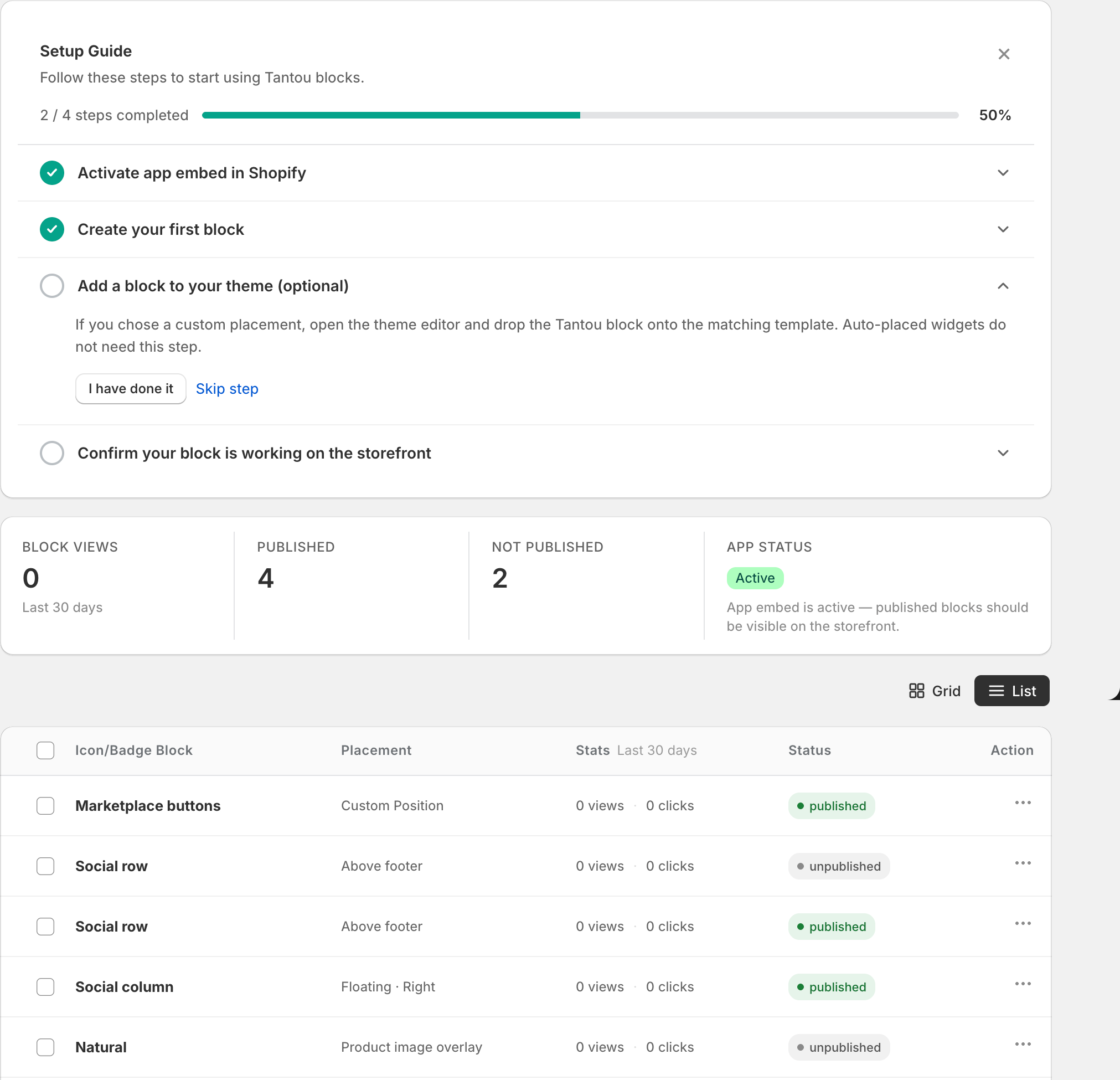 Block list full view with setup guide, stats row, view toggle, and grid items