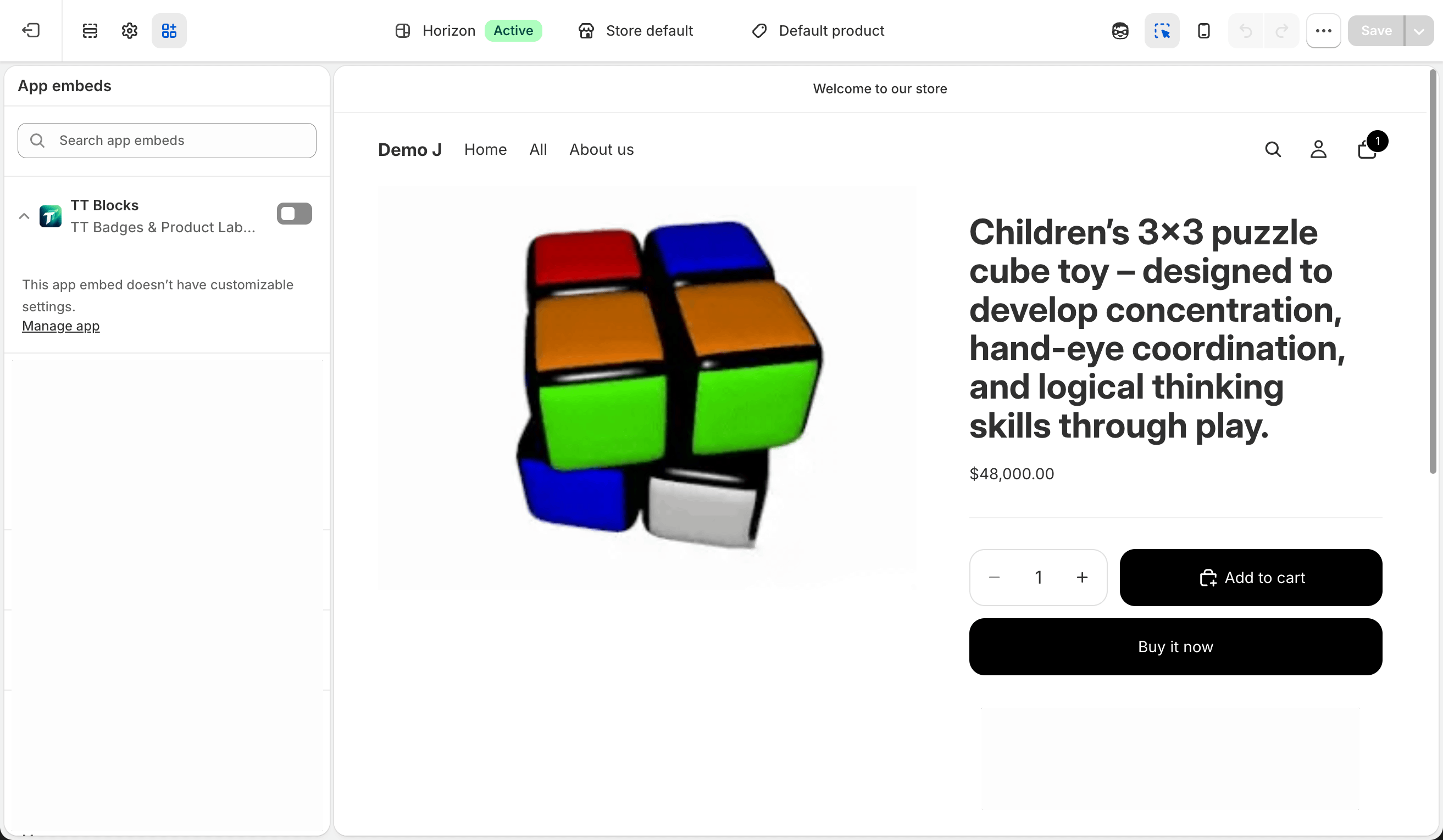 Theme editor App embeds panel with TT Badges & Product Labels embed toggled on