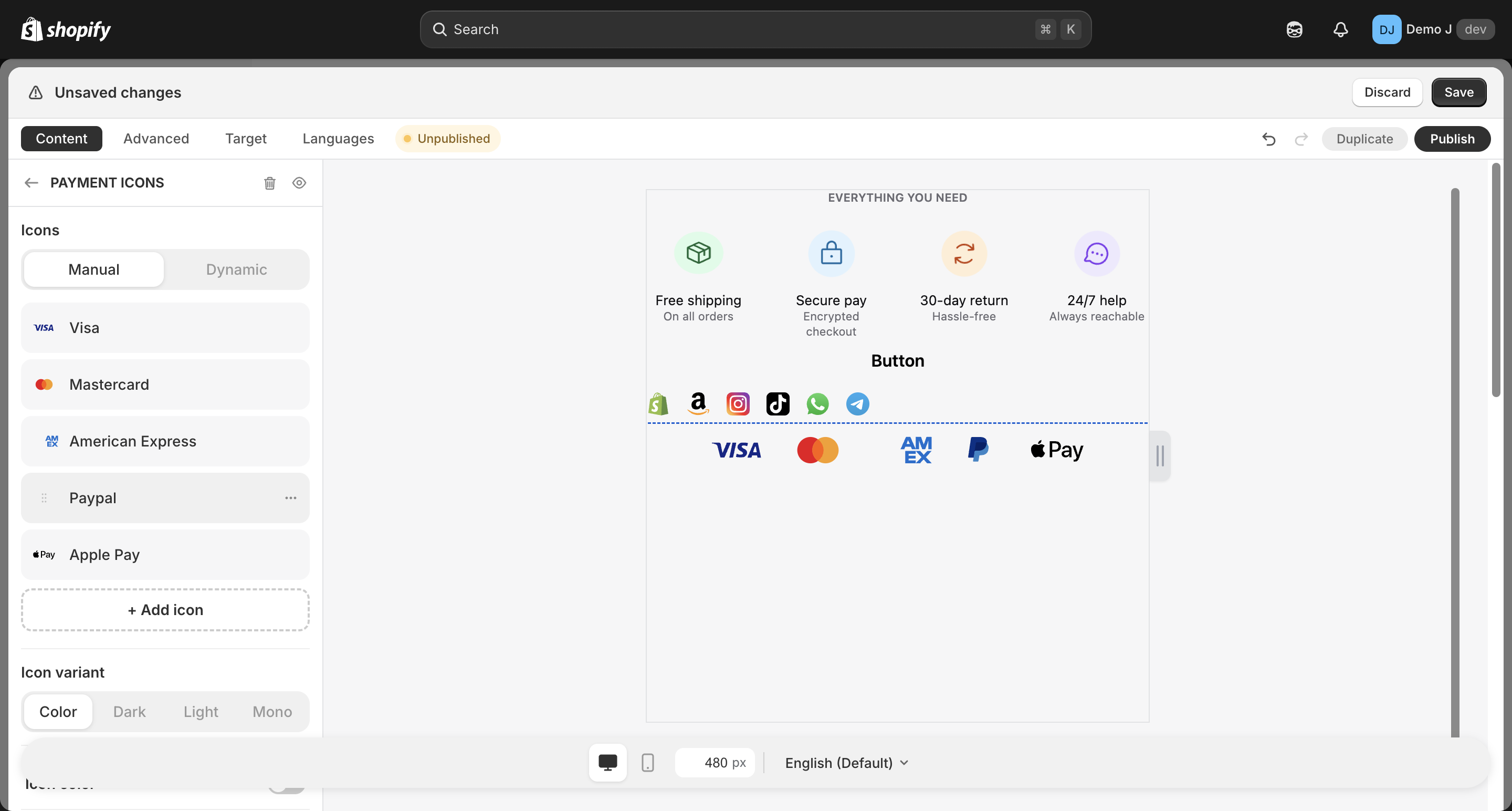 Payment icons editor (manual + dynamic mode each)