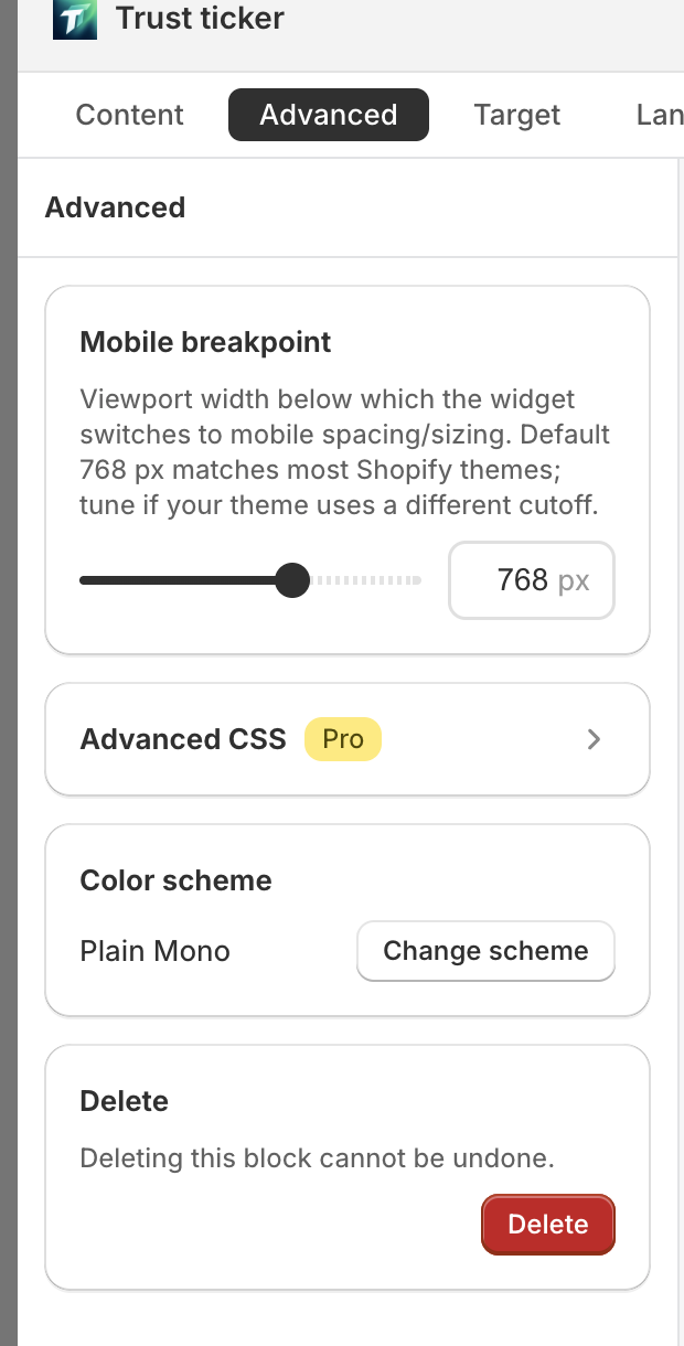 Advanced tab overall layout