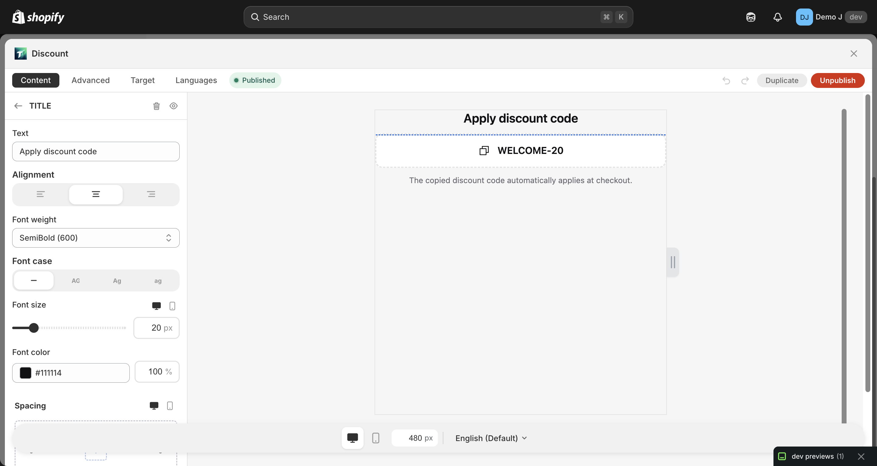 Coupon editor sections