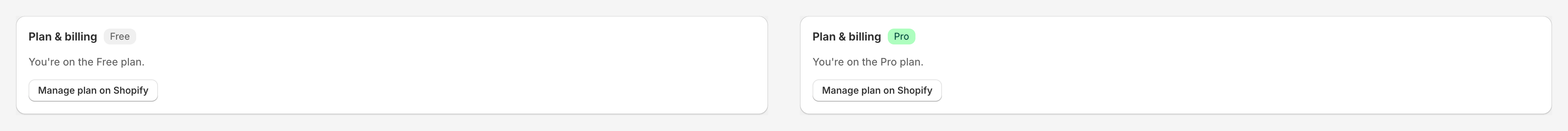Plan & billing card comparing Pro and Free states