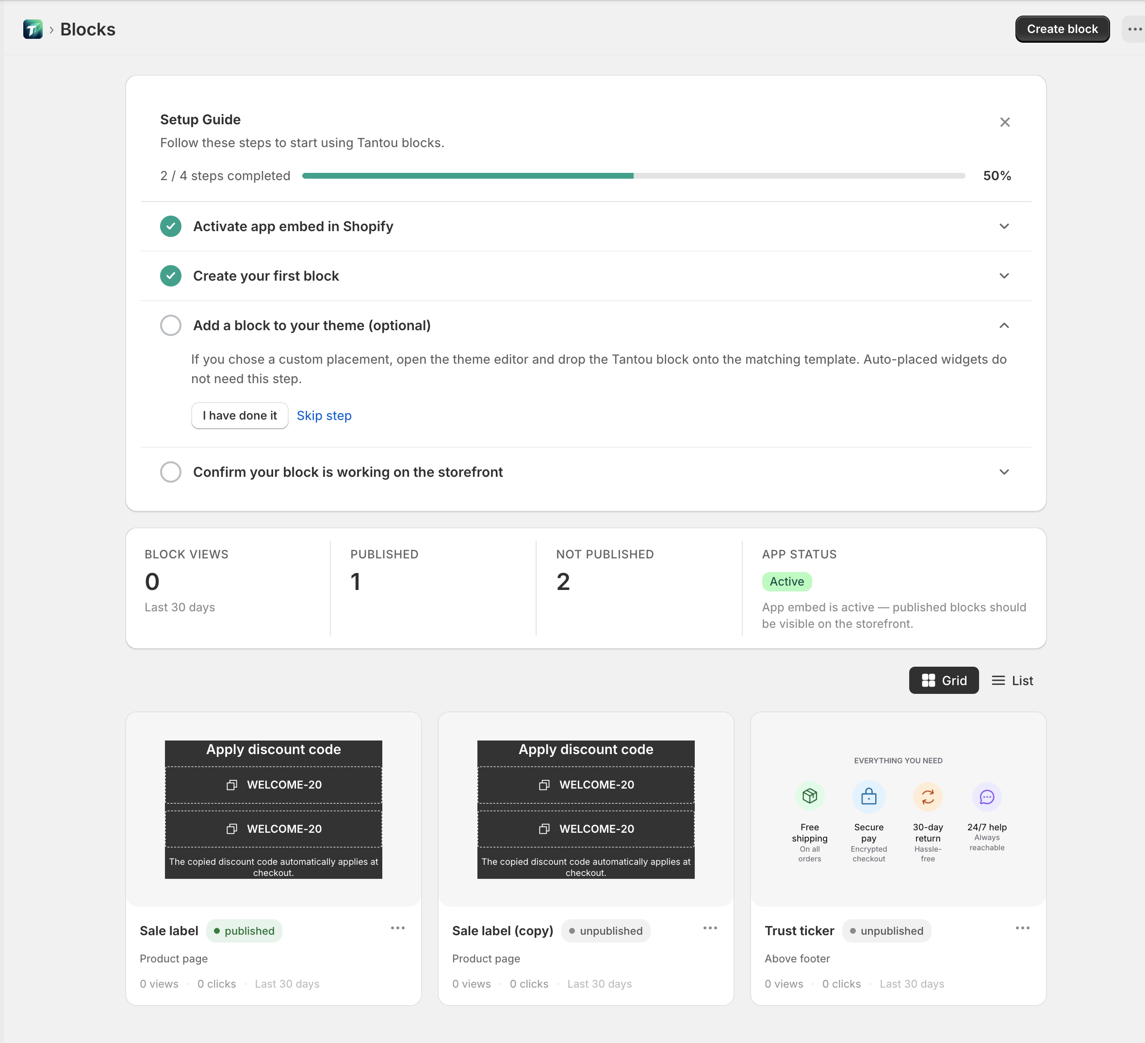 Grid view with multiple block cards plus a single card detail