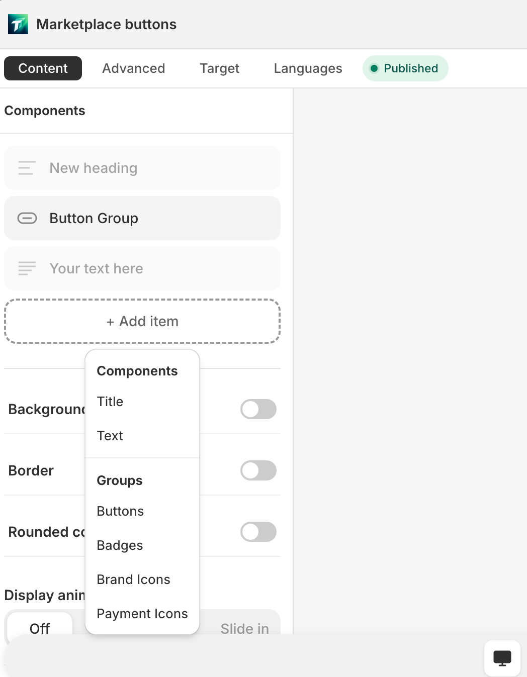Component list view with Add item popup menu open