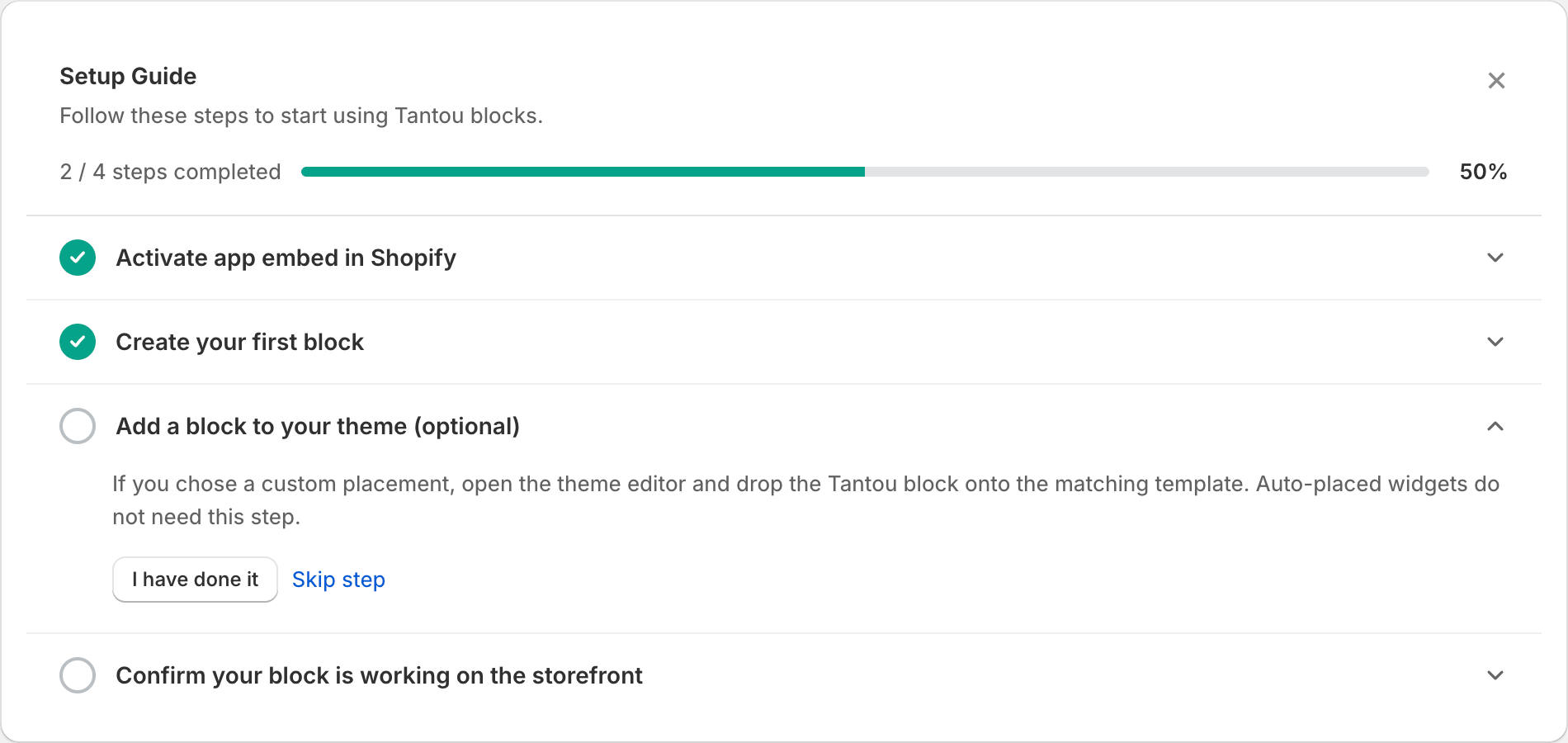 Setup guide card with 4-step progress