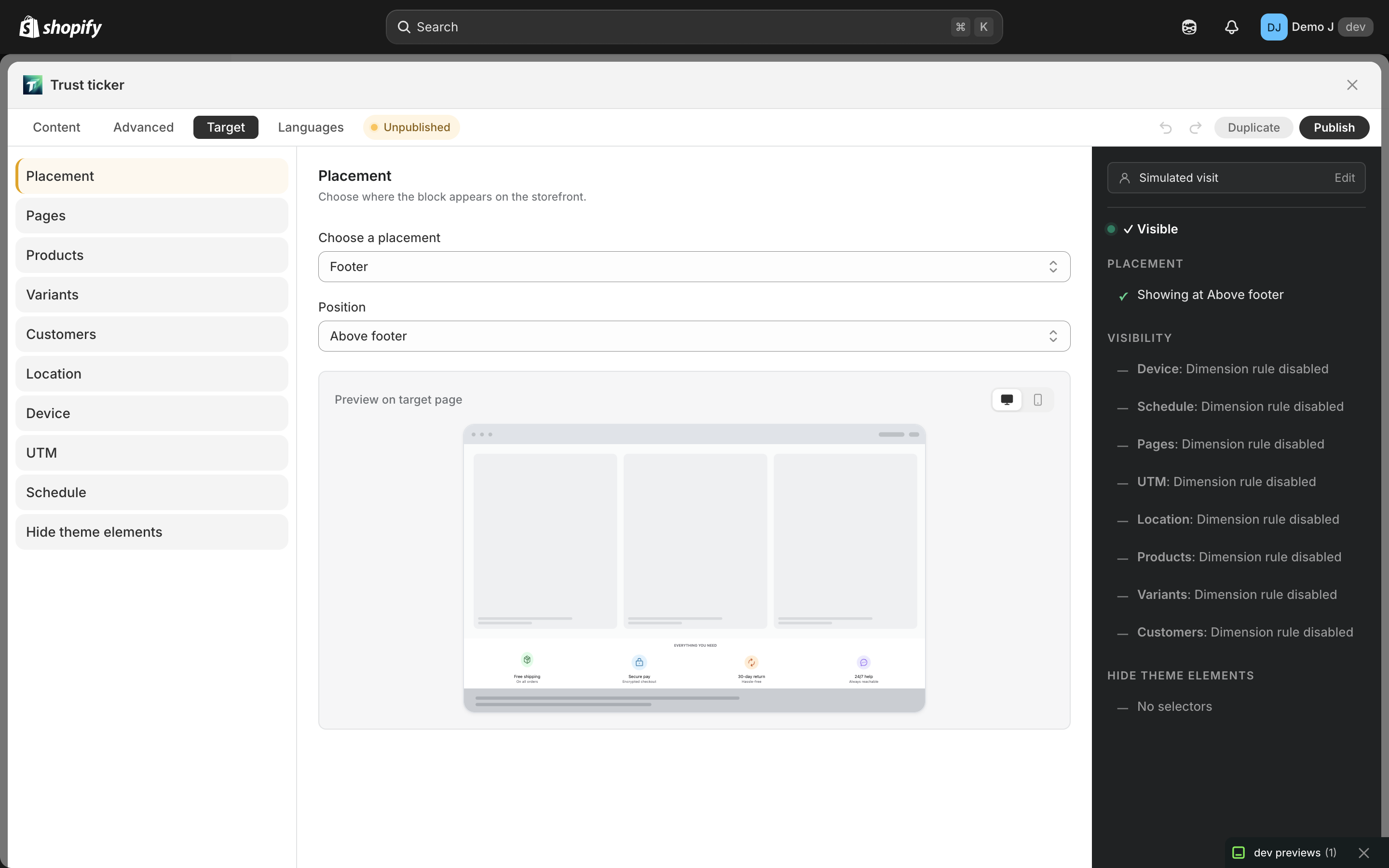 Visibility dimension panels assembled (Pages, Products, Variants, Customers, Location, Device, Schedule, UTM, plus Hide theme elements)