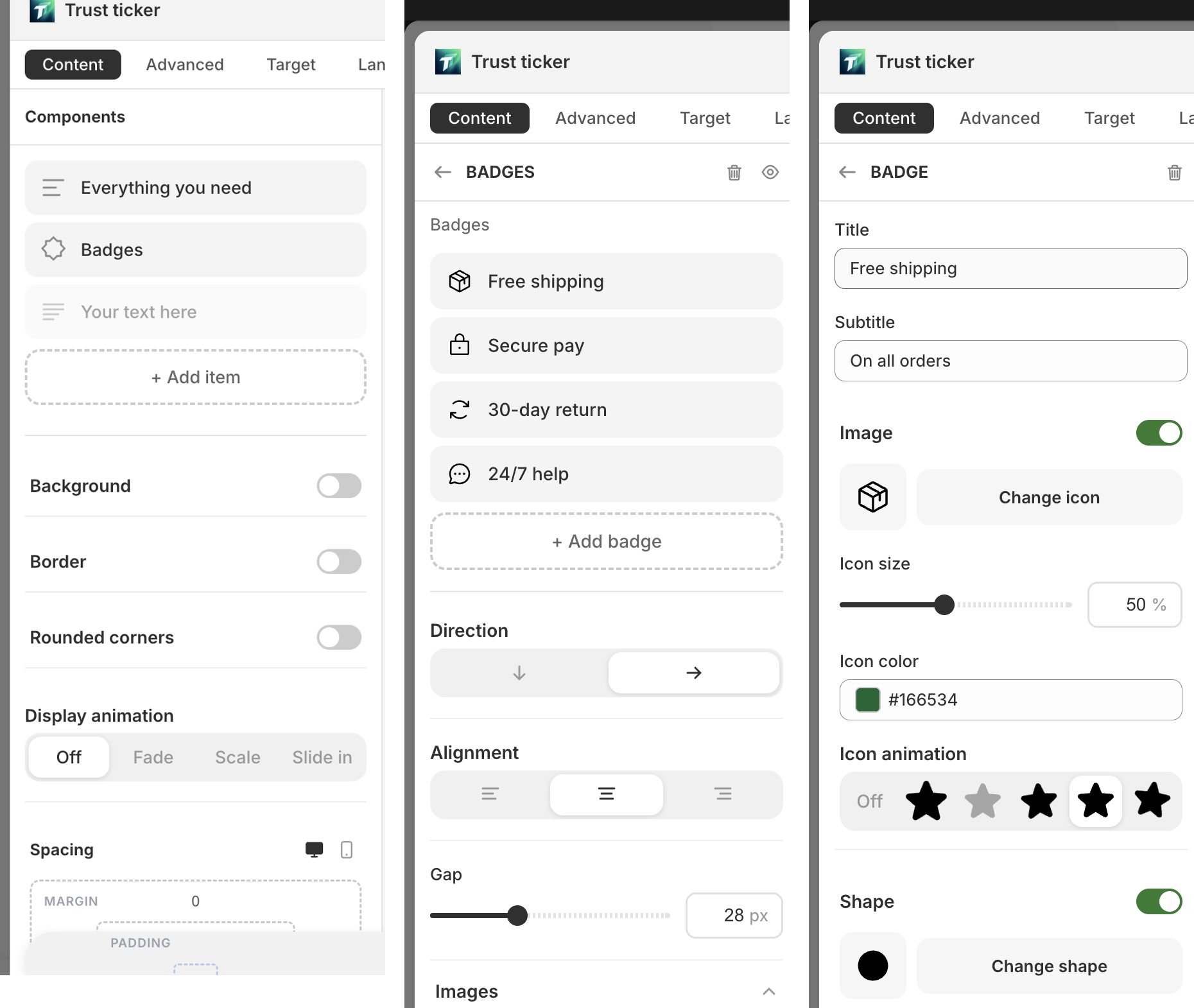 Content tab three views side by side (component list, container children, single item editor)