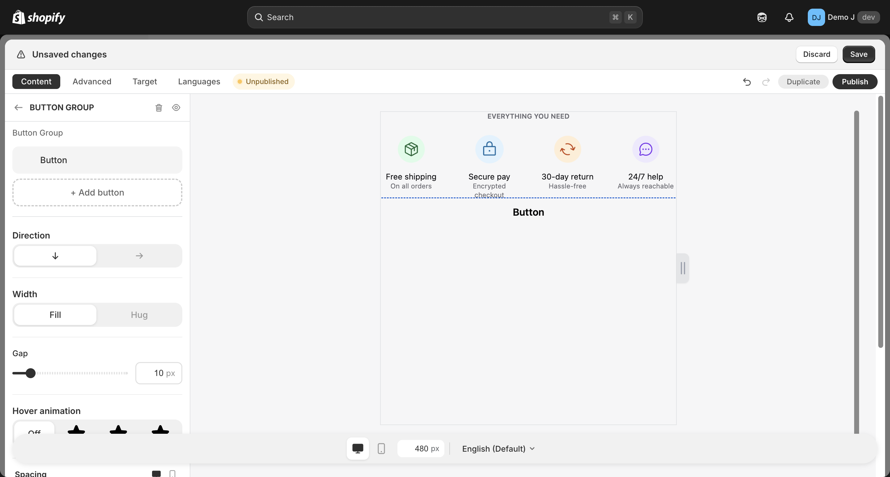 Button list editor sections + button preset submenu