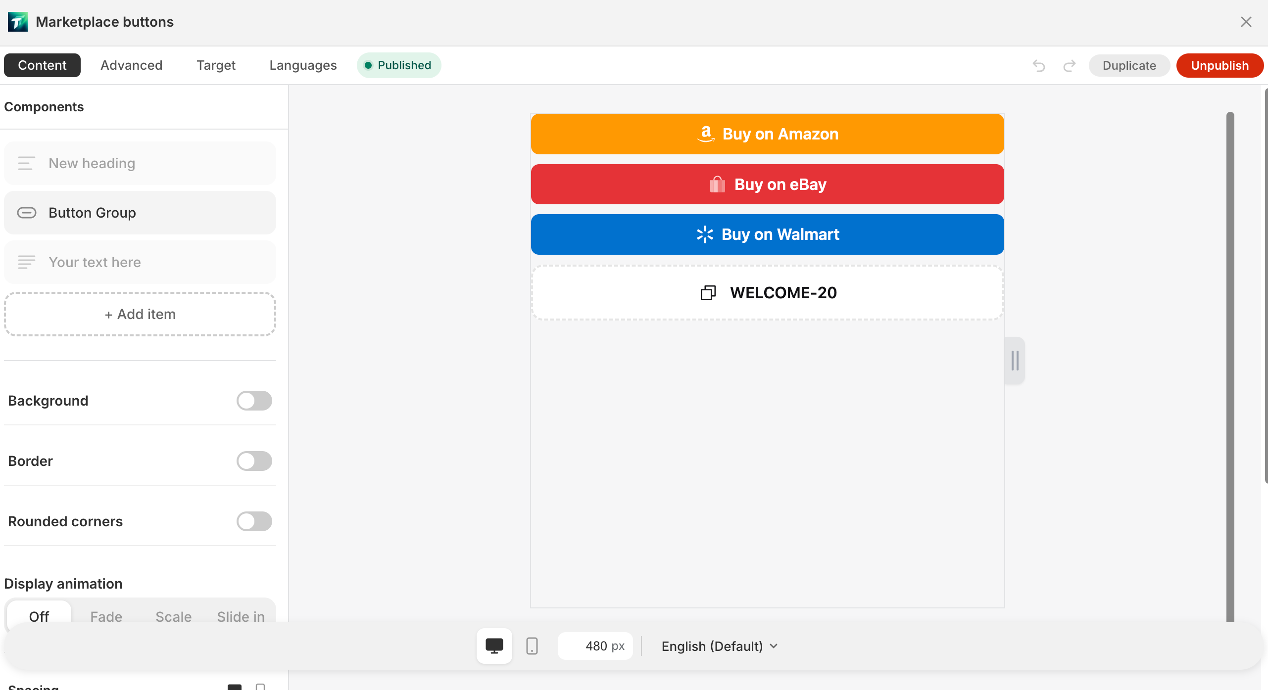 Block editor overall layout with left tabs and field panel, right live preview canvas
