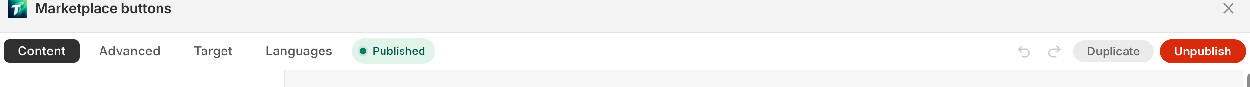 Top action bar closeup with tabs status pill undo redo duplicate unpublish