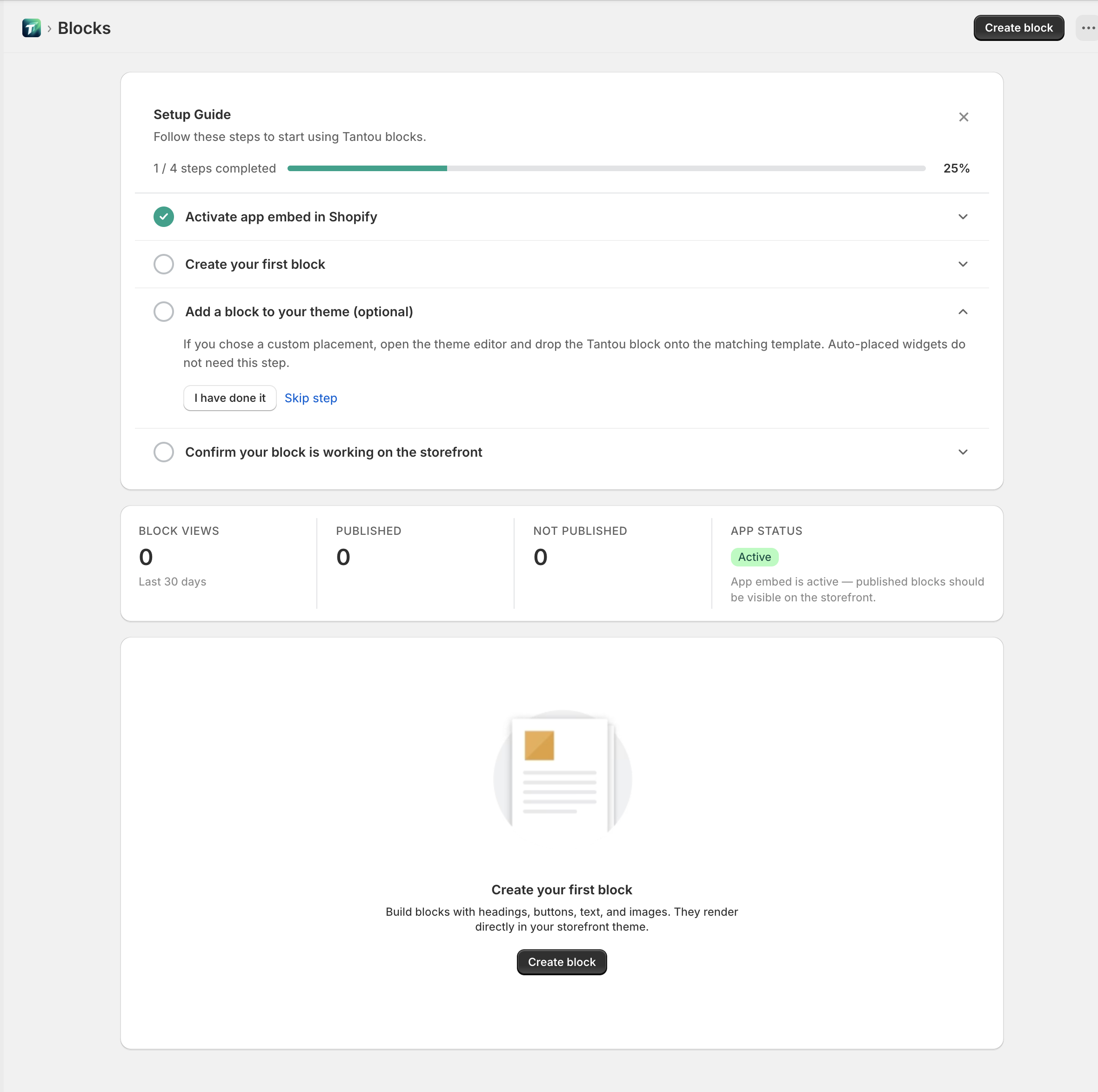 Empty state prompting first block creation