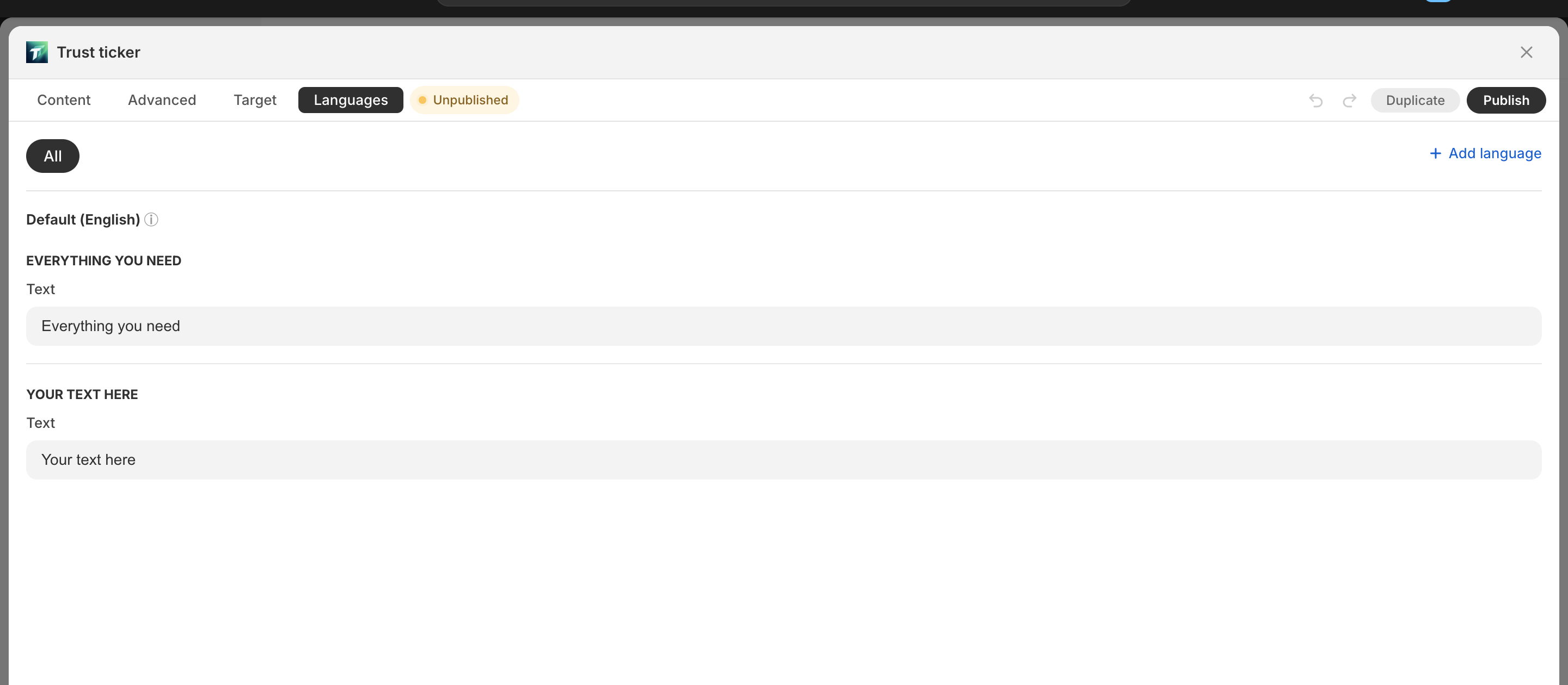 Languages tab overall with language pills and translation table